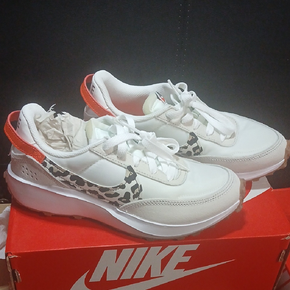 Nike Women's White and Red Sneakers with Animal Print